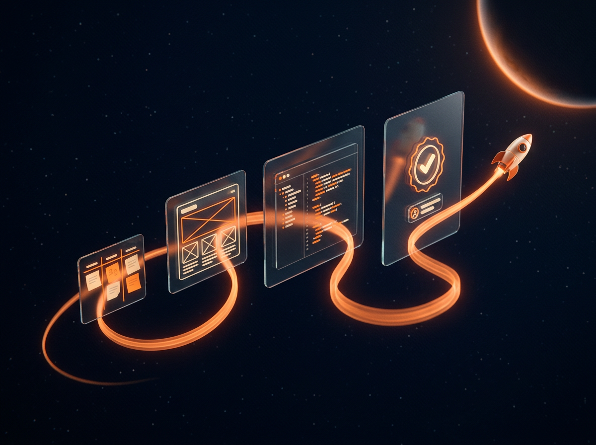 A glowing orange flight path passing through discovery, design, build, and launch milestones