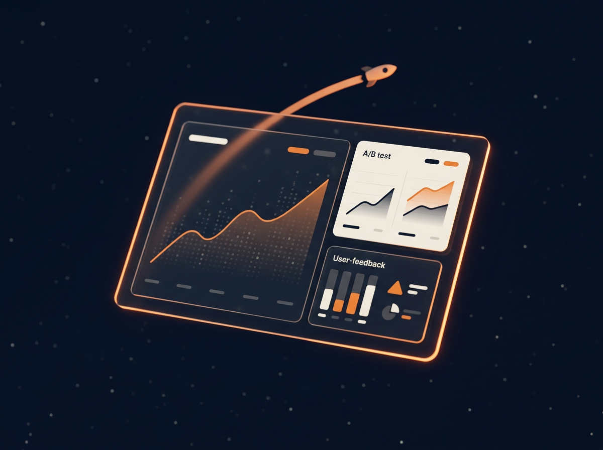 Glass analytics dashboard with an A/B test panel and a rocket trail rising above it